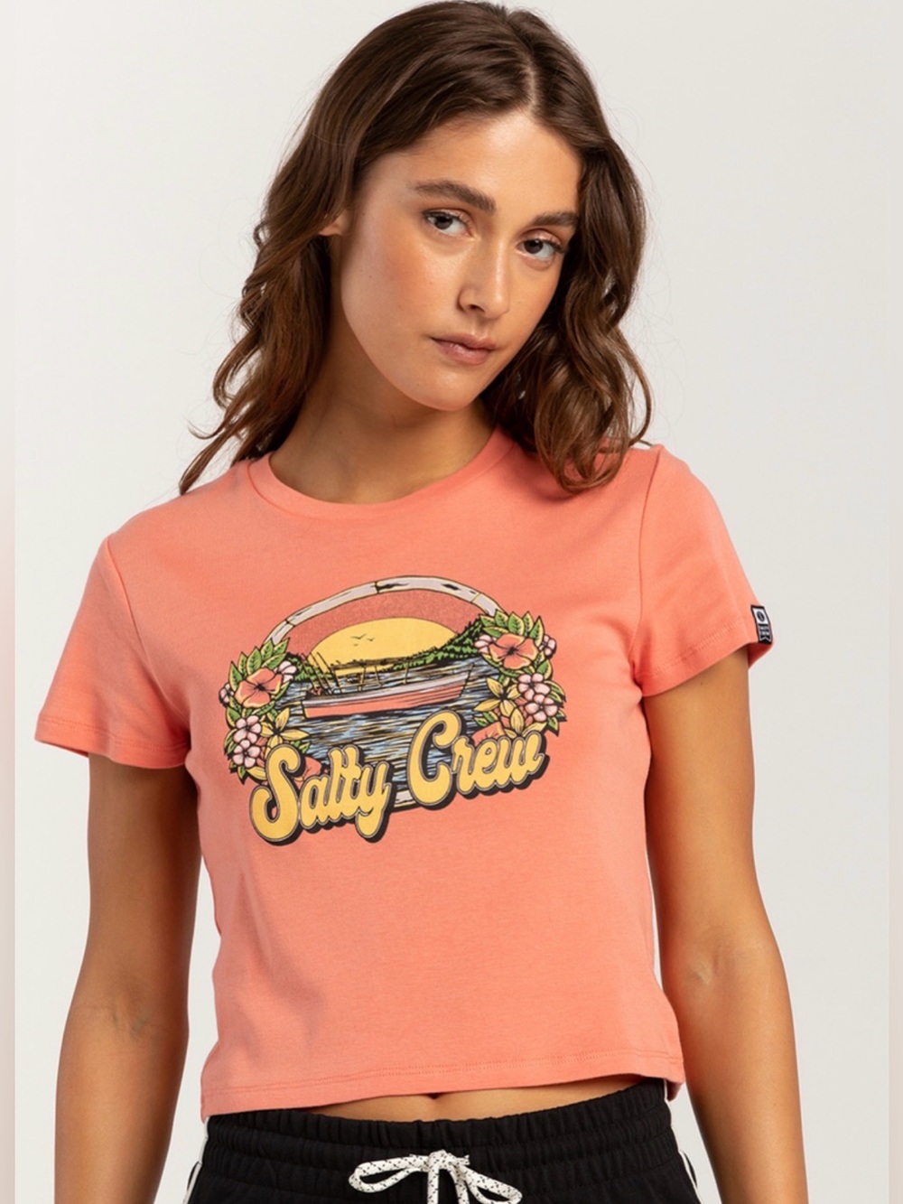 Salty Crew NWT Coral Pink Graphic T Shirt Womens Short Sleeve Sunset Boat Size S